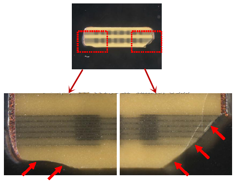 从破裂的现象与电容厂商切片的照片看来，破裂的痕迹从端接处以斜角裂开，电容零件的确像是机械外应力所造成的破裂。