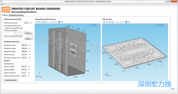 电镀App允许PCB板设计人员导入不同的设计(包含或不含虚置图形)，点击计算，然后就能查看所仿真的厚度均匀性-深圳宏力捷