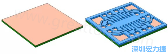 将种子层镀于PCB板之上(左)。通过光刻法利用光刻胶绘制PCB板图形(右)-深圳宏力捷