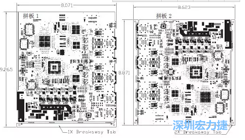 如图7所示是使用不同数量边条的拼板，拼板1仅使用了一个边条，直接利用PCB另一边作为SMT工艺传送边，并且PCB图形中有合适的安装孔；而拼板2则是按常规设计了两个边条。拼板方式为连接筋。图中“Breakaway Tab”指边条-深圳宏力捷