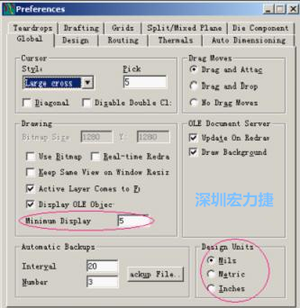 改单位Global→Design Units；改最小显示线宽Global→Drawing
