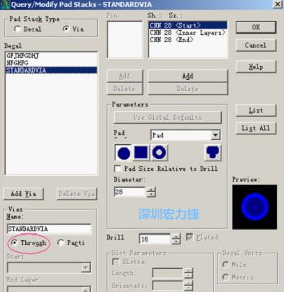 分析文件完成后，点击菜单Setup→Pad Stacks调出焊盘堆设置窗口，将Pad Stack Type改为Via