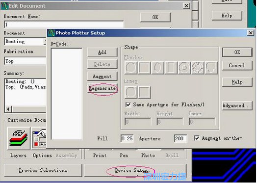 当Gerber和钻孔都设置完后，选择一贴片元件较多的层（一般为Top层），点击Device SetupPhoto，将 Plotter Setup窗口D-Code栏原有的D码删除并按Regenerate重新生成