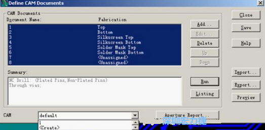 回到Dsfine CAM Documents窗口 ，将所有须输出的文件用鼠标拉住选择，按Run输出，默认输出路径是安装目录的\CAM\default，也可按CAM的Create更改