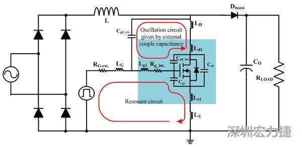 包含功率MOSFET内外部寄生元件的PFC电路简图