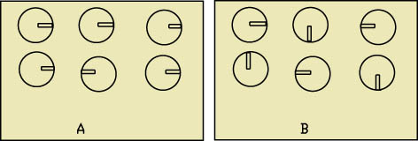 所有径向电容的负极朝向一边可很容易发现错误(A)，反之则较为困难(B)
