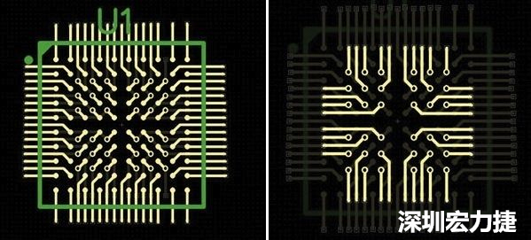 图4a和4b：从最外层开始向中心为不同的BGA圈布线。