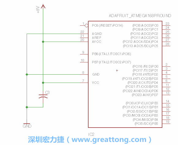 3.1.    新增微控制器晶片（RBBB → ATmega），把它放在电路原理图的中央附近，把它的两个接地接头连接到接地讯号端。