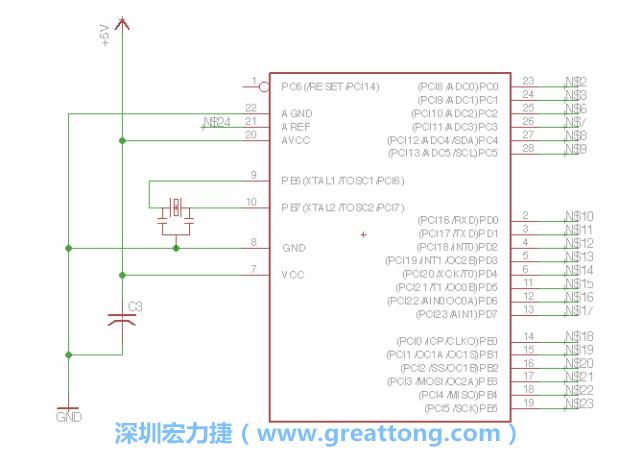 3.3.    将共鸣器（resonator）放置在针脚9和针脚10附近，将它的三个针脚连接如图所示，并确认最中间的针脚有连到接地端。
