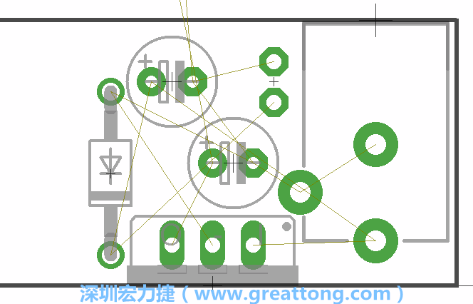 如同第一篇的步骤，我们将从电源迴路开始着手，移动电源插座（Power Jack）、电压调整器、二极体、两个电容和辅助接头JP1到如上图所示的位置。