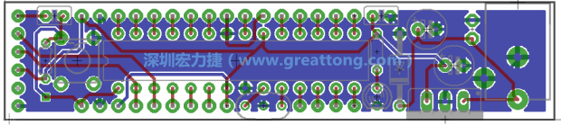 第二篇文章则带领你进行电路板上的布线、连结点的配置，并利用「设计规则检查（Design Rule Check）」测试你的设计，第二篇文章的电路板设计图将如下所示：