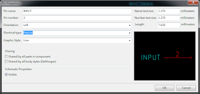 按下工具 "Add pins to the component"， 如底下画面，  Electrical type 都选 Passive