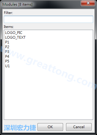 从目前正在编辑的PCB载入Module， 会显示有那些项目可载入。点选一个， OK后即完成载入