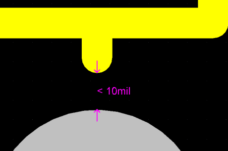 显示每项违例的细节，本例的丝印与焊盘的间隔少于10mil.
