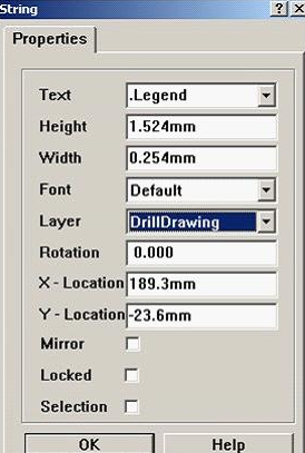 7. 放置分孔图，按“P、S”在图形的右下角放置一字符串，并双击打开，将Text改为。Legend；Layer改为DrillDrawing即可